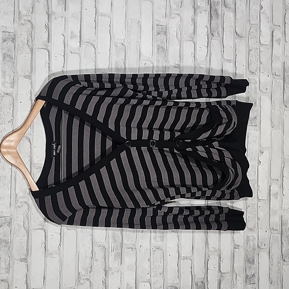 Vintage Wet Seal Black Gray Striped Button Cardigan Y2K